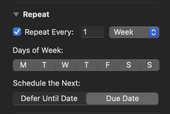 Demonstrations of many of the options OmniFocus allows for task recurrence.