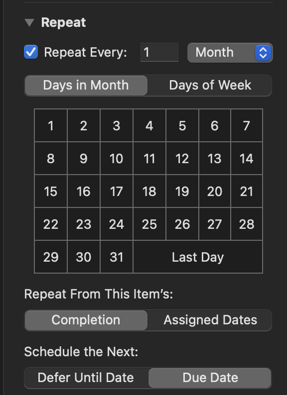 Demonstrations of many of the options OmniFocus allows for task recurrence.