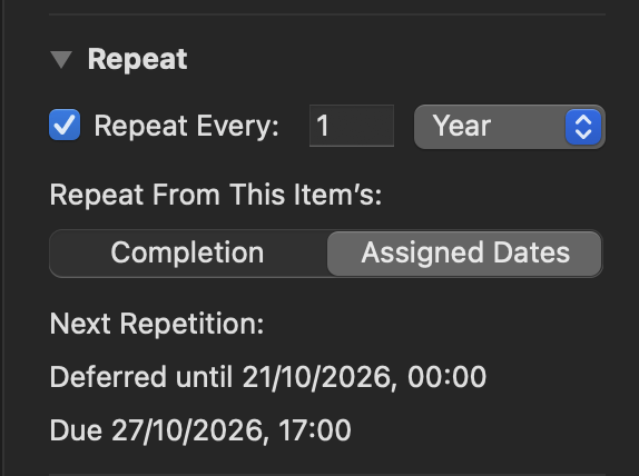 Demonstrations of many of the options OmniFocus allows for task recurrence.