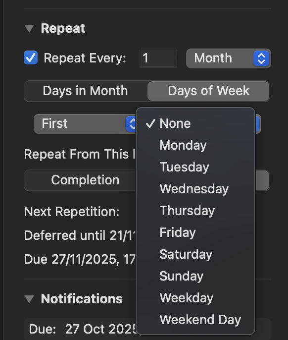 Demonstrations of many of the options OmniFocus allows for task recurrence.