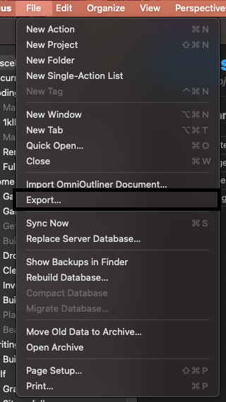 The location of the Export menu item in OmniFocus